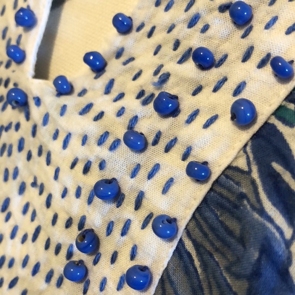 Diane Snyder BohoHippie bead embroidered blue&white floral print bell sleeve top - Picture 4 of 9